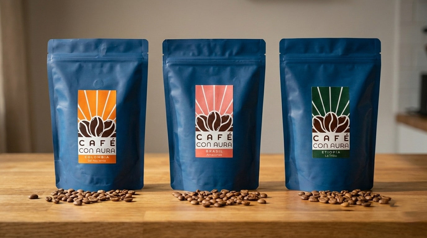 Tres bolsas de Café con Aura sobre una mesa de madera